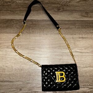 Balmain Black Quilted Crossbody Bag with Gold Accents